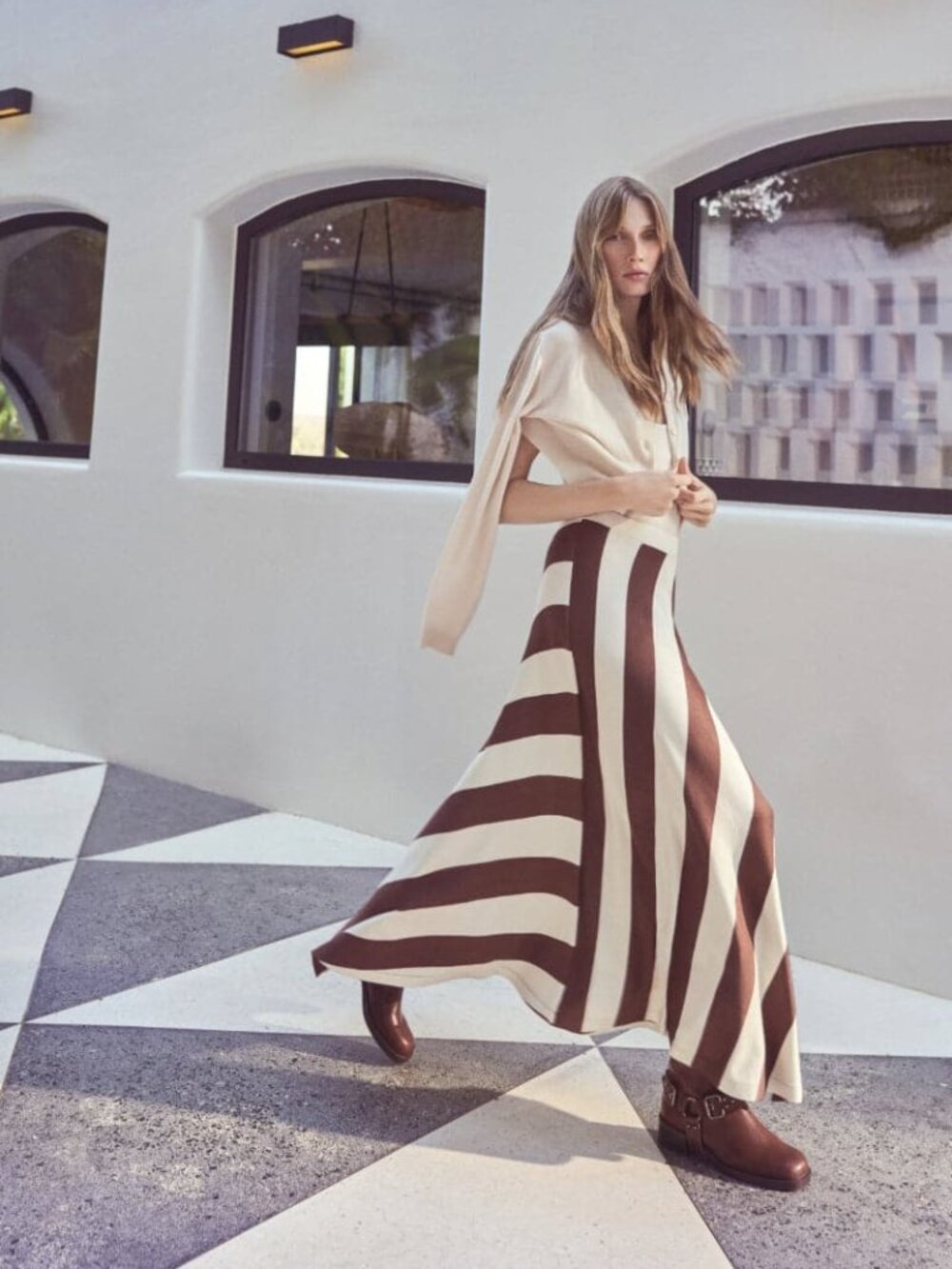 $326 Labeca Frankie Brown Chocolate Ecru Striped Knit Maxi Skirt Size M